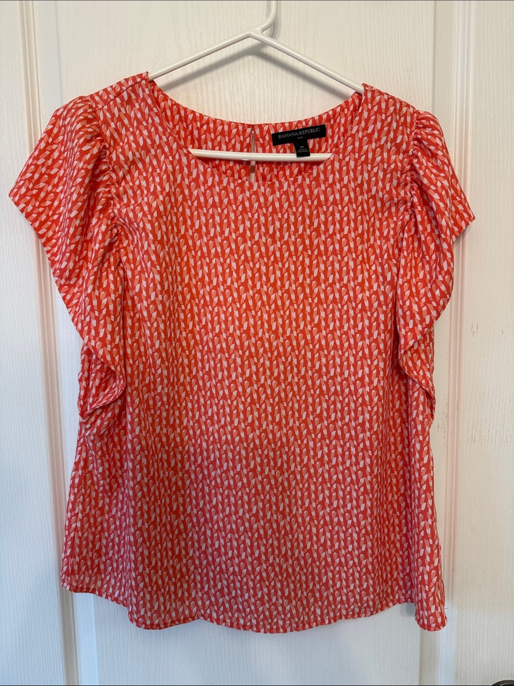 Banana Republic Coral Red Patterned Ruffle Sleeve Blouse